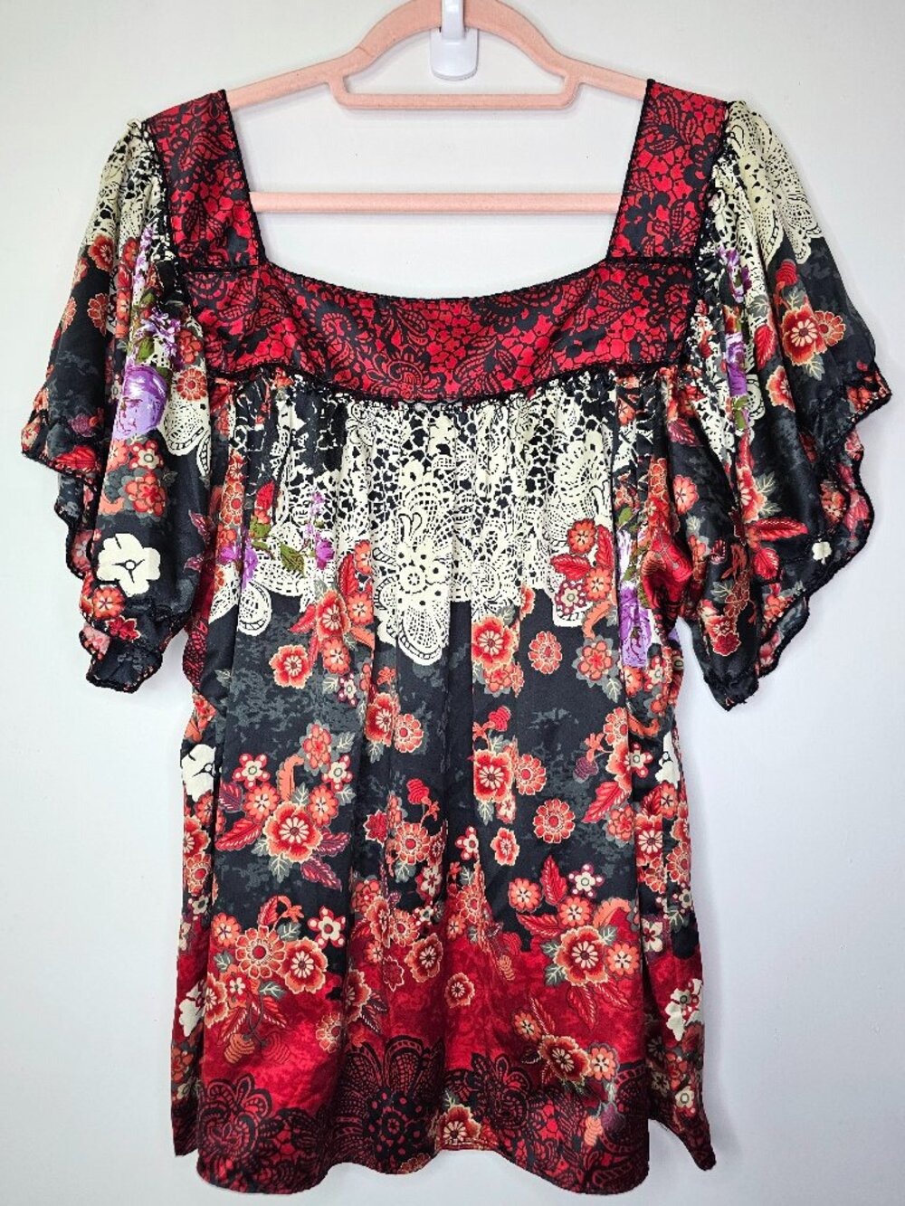 ECI New York Floral Patchwork Flutter Sleeve Square Neck Peasant Blouse Top XL